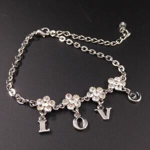 LOVE Rhinestone Flowers Silver Anklet or Bracelet, 11 Inches